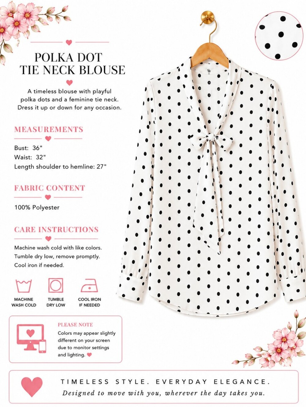 Black & White Polka Dot Tie Neck Long Sleeve Blouse | SizeXL | Parisian Chic - Picture 3 of 8